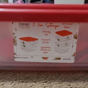 NWT! Homz 3-Tier Plastic Storage Container - Red Lid With Ornament Dividers